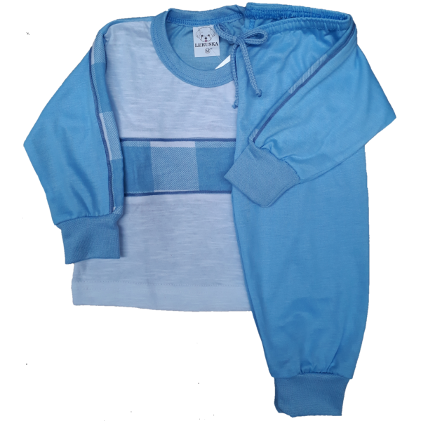 0275 Pijama Algodão Branco com Faixa Xadrez e Calça Azul M